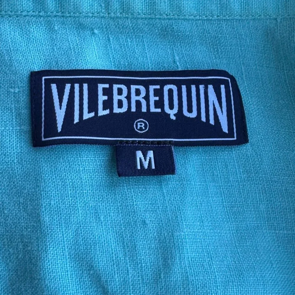 VILEBREQUIN Solid Linen Shirt Mens M Medium Blue Button Up Resort Beachwear - Picture 6 of 8